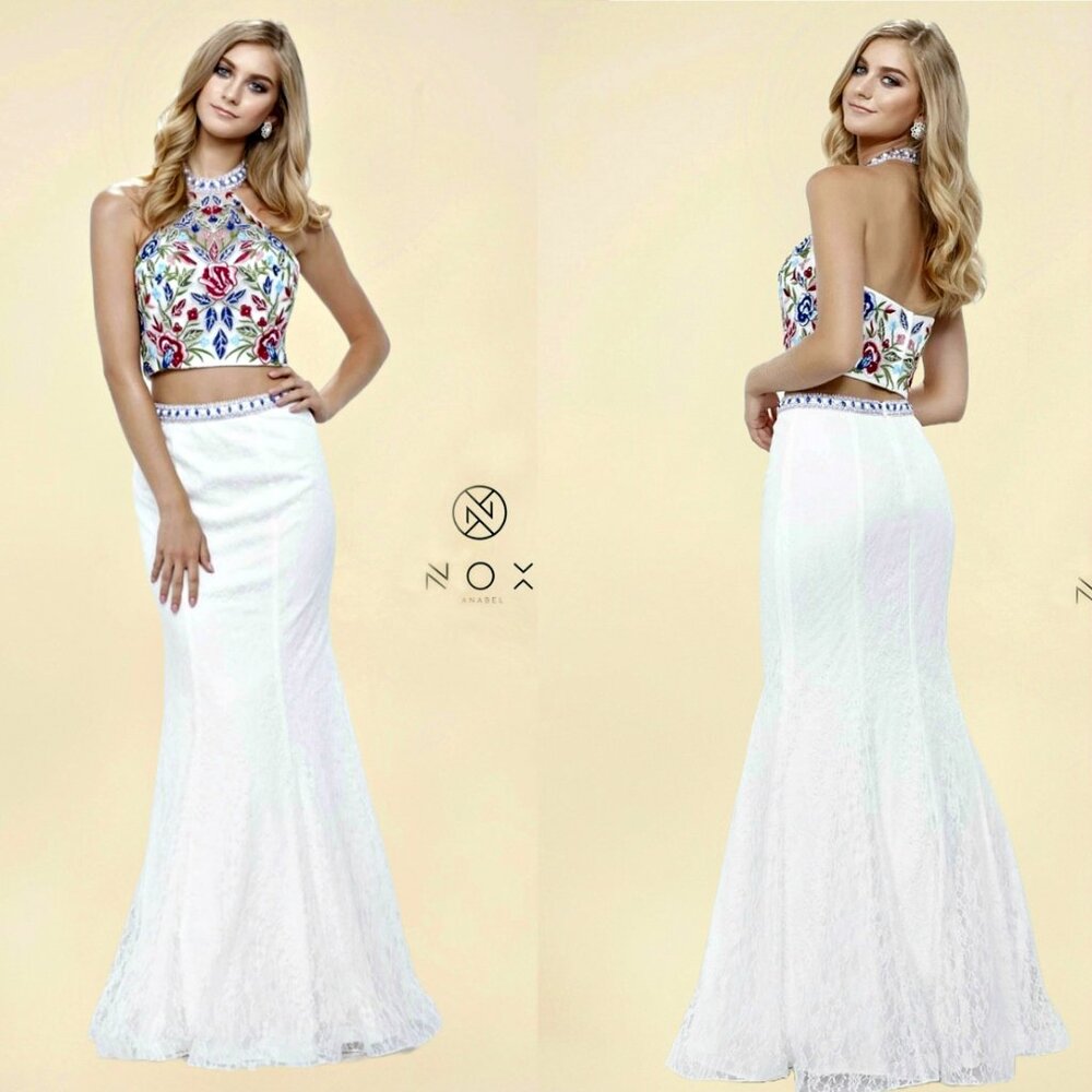 NWT Nox Anabel - 8262 Two Piece Embroidered Mermaid Formal Prom Dress,L,XL,White